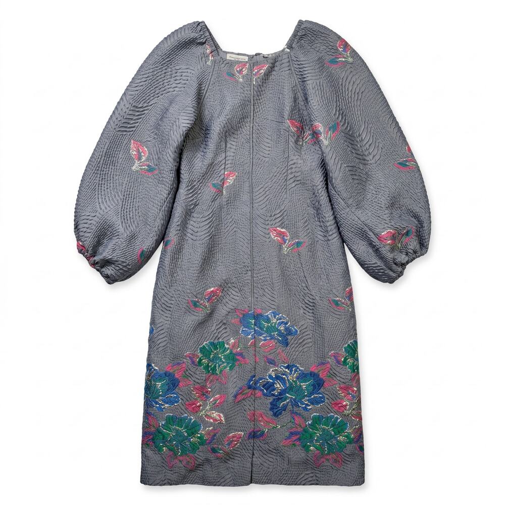 GANNI Gray Seersucker Jacquard Balloon Sleeve Midi Dress | Floral Embroidery